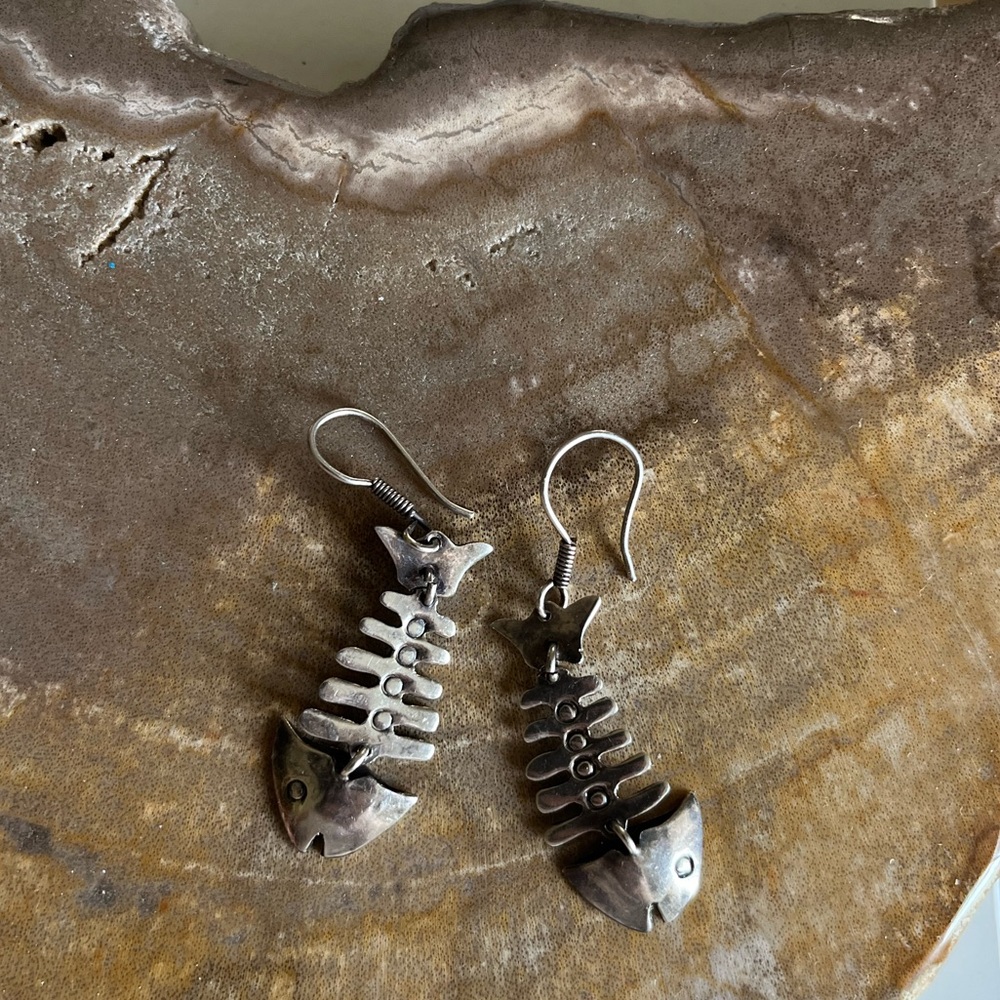 Modernist Sterling silver .925 fish skeleton earrings TAXCO